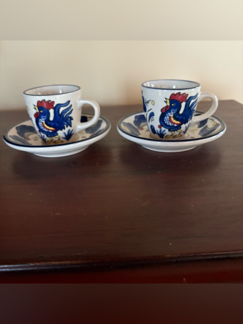 Buffalo China Blue Rooster Expresso Cups & Saucers Retired Olive Garden Set 2